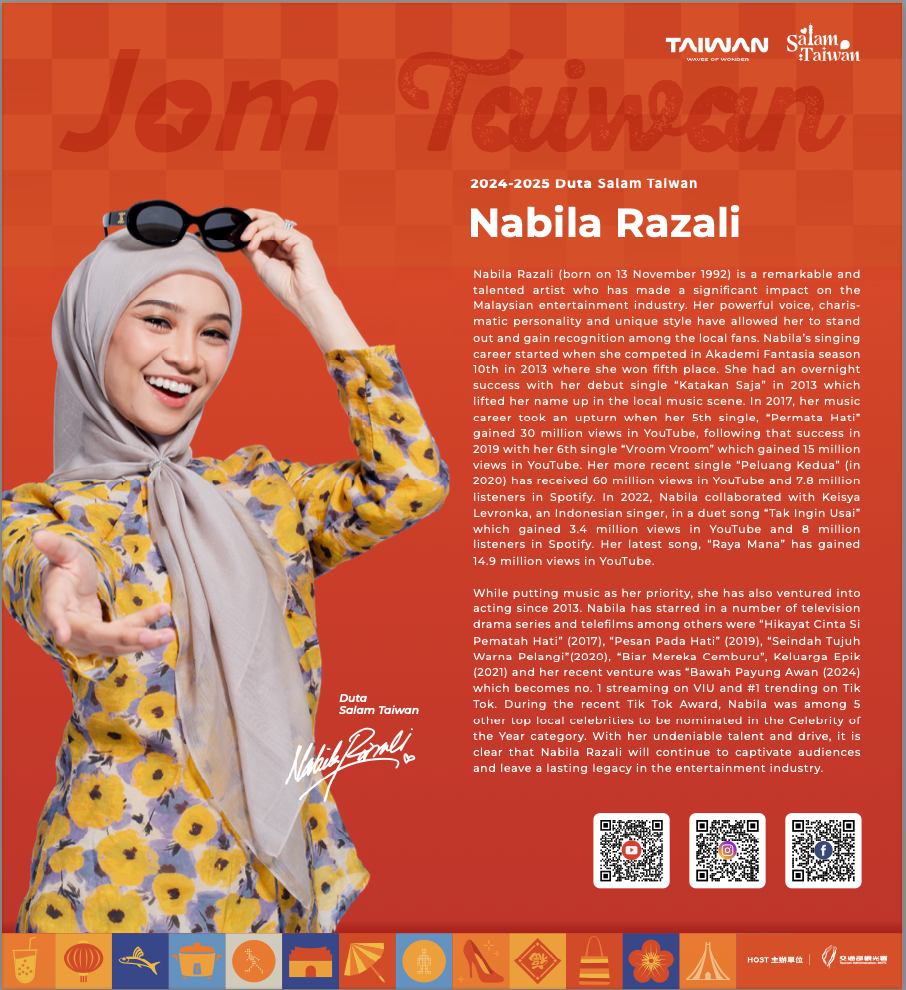 the Promotion Ambassador for Salam Taiwan, Malaysian Celebrity Nabila Razali Recently Launched the "jom Taiwan!" Video